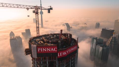 Drone photograph of construction at Pinnacle SkyTower